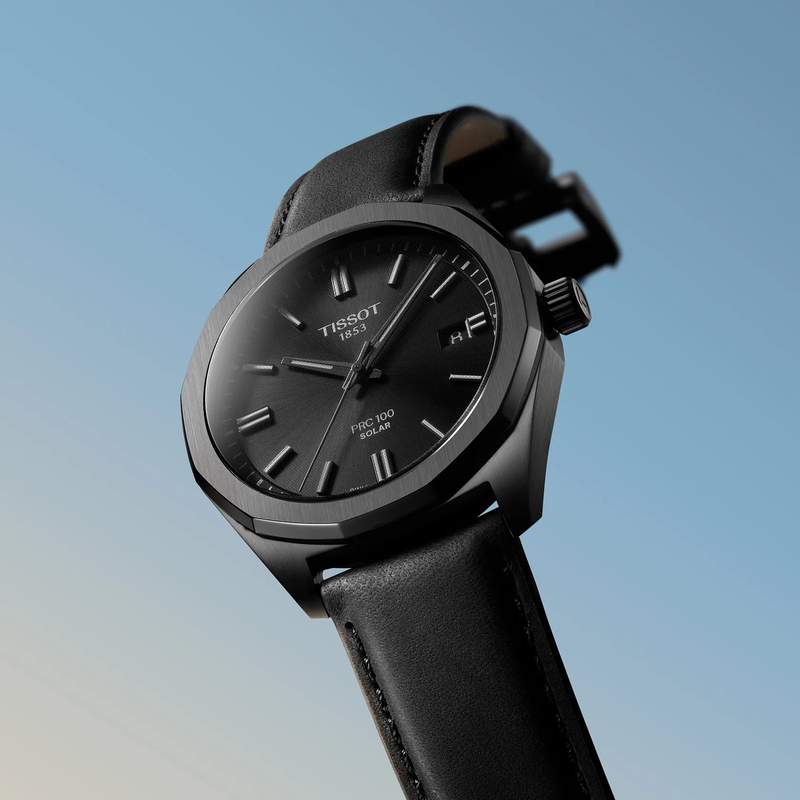 Montre TISSOT PRC 100 SOLAR homme cadran noir bracelet cuir noir - vue D1