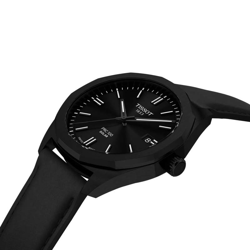 Montre TISSOT PRC 100 SOLAR homme cadran noir bracelet cuir noir - vue D2