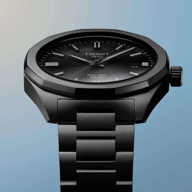 Montre TISSOT T-CLASSIC PRC 100 SOLAR homme cadran noir bracelet PVD noir - vue D1