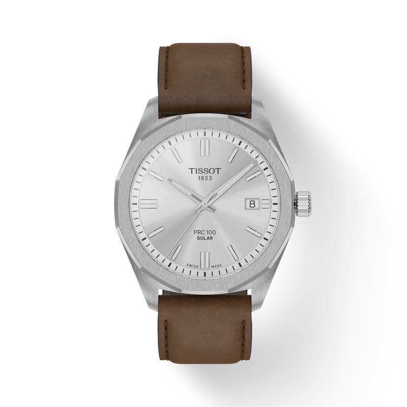 Montre TISSOT PRC 100 SOLAR homme cadran blanc bracelet cuir brun - vue 1