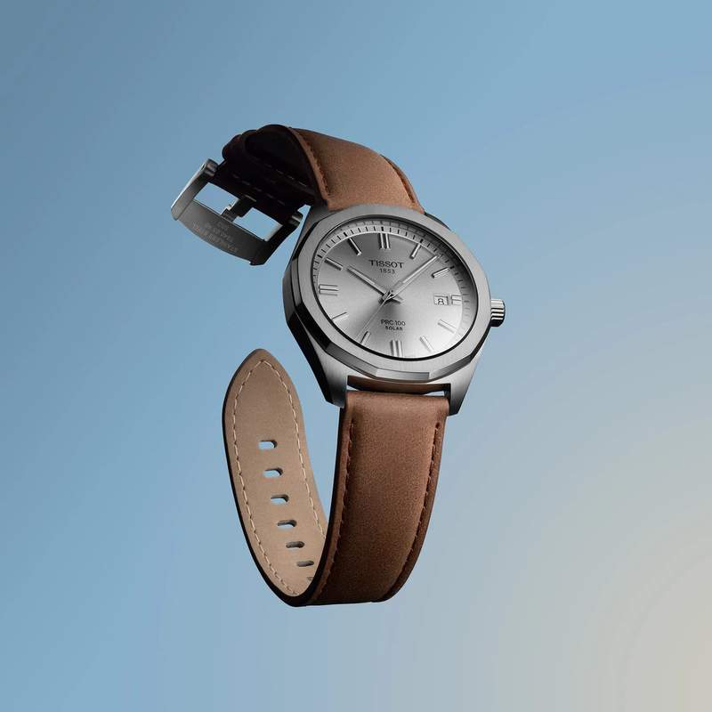 Montre TISSOT PRC 100 SOLAR homme cadran blanc bracelet cuir brun - vue D1