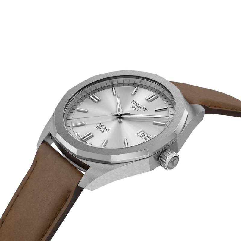 Montre TISSOT PRC 100 SOLAR homme cadran blanc bracelet cuir brun - vue D2