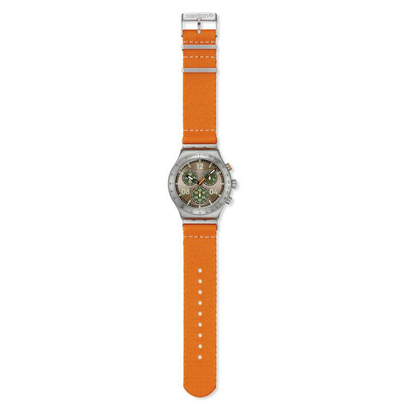 Montre SWATCH essentials homme cadran marron bracelet textile orange - vue D1