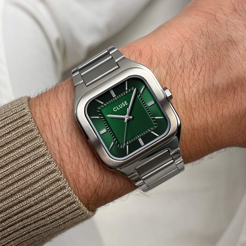 Montre CLUSE QUADRUS Homme cadran vert bracelet acier inoxydable gris clair - vue porté 1