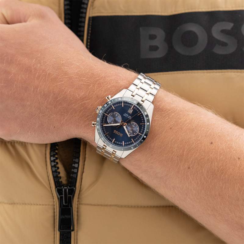 Montre BOSS sport lux homme bracelet acier inoxydable bicolore jaune - vue porté 1