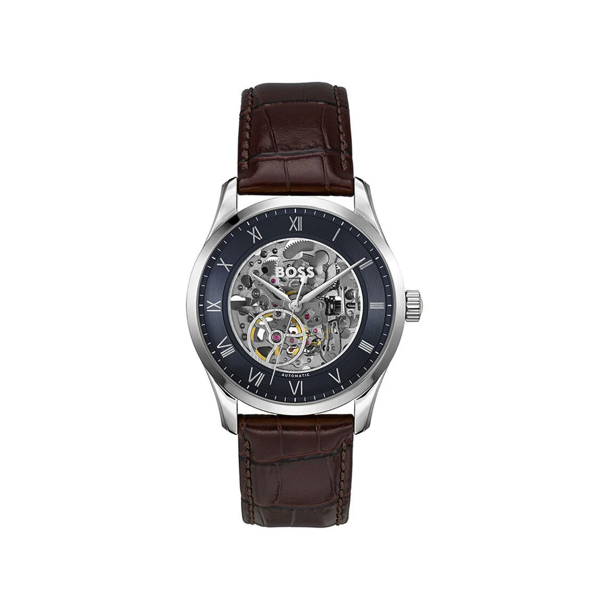 Montre BOSS business homme automatique, bracelet cuir marron