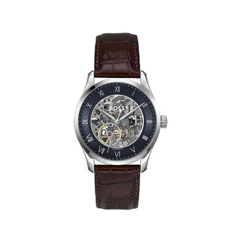 Montre BOSS business homme automatique, bracelet cuir marron