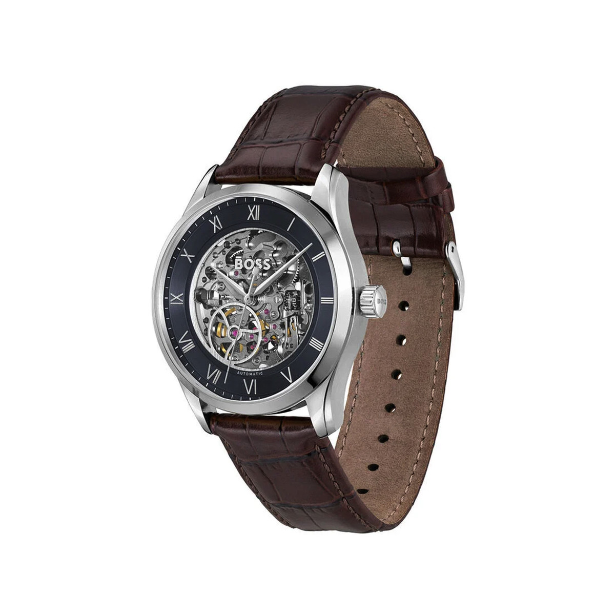 Montre BOSS business homme automatique, bracelet cuir marron - vue 2