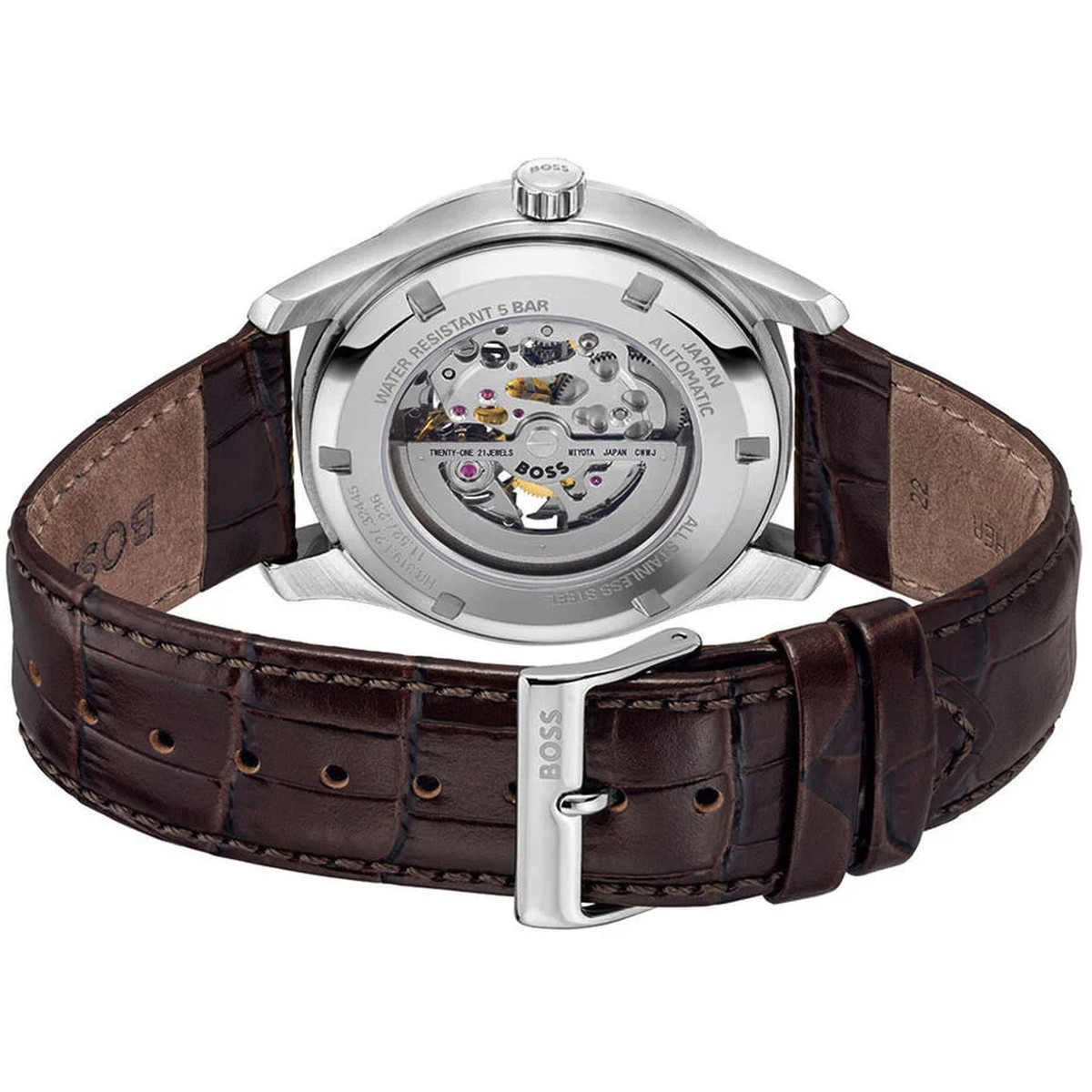 Montre BOSS business homme automatique, bracelet cuir marron - vue 3