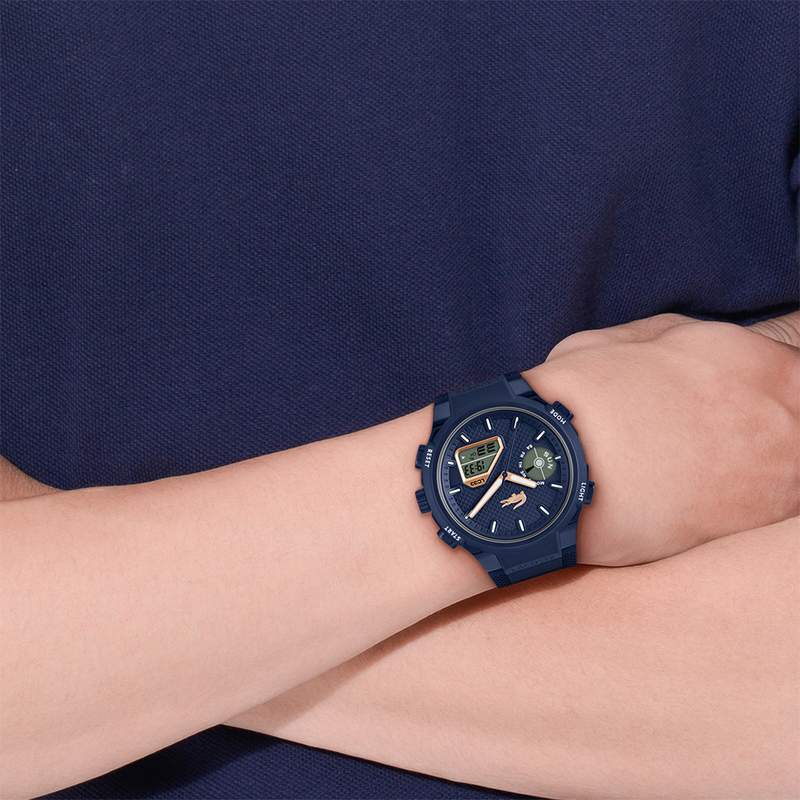 LACOSTE lc33 man watch blue silicone bracelet - view worn 1