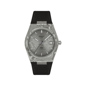 Montre TISSOT prx homme automatique, bracelet cuir noir, boitier acier Damas marbré