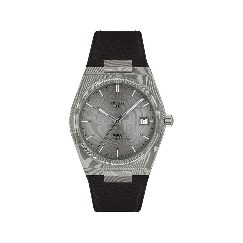 Montre TISSOT prx homme automatique, bracelet cuir noir, boitier acier Damas marbré - vue 1
