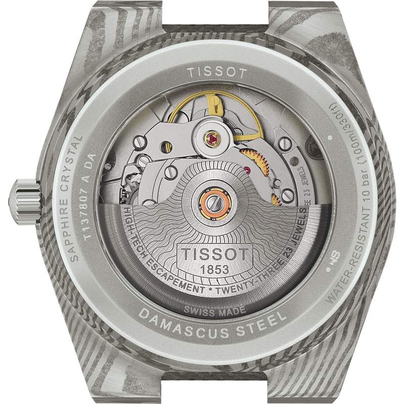 Montre TISSOT prx homme automatique, bracelet cuir noir, boitier acier Damas marbré - vue 3