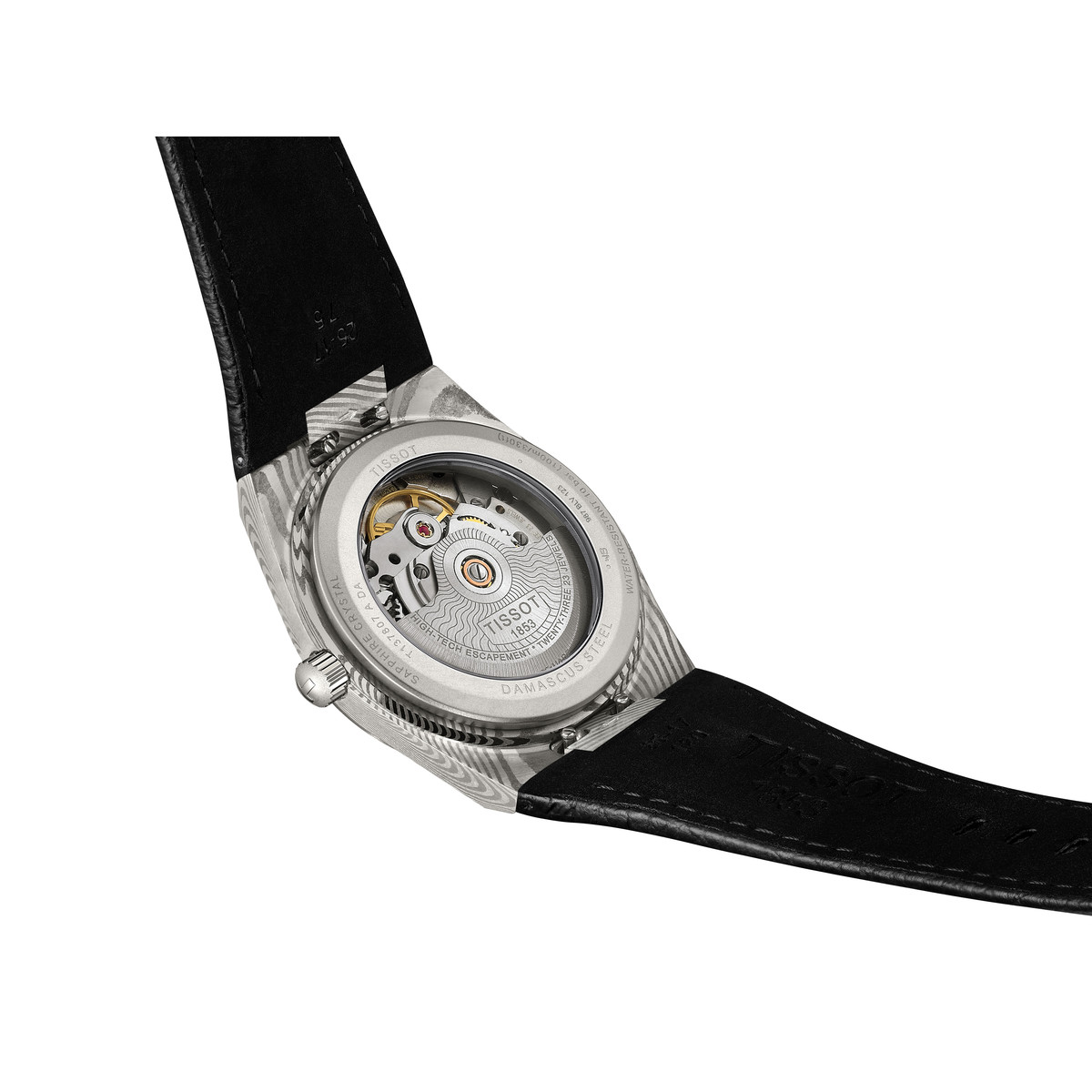 Montre TISSOT prx homme automatique, bracelet cuir noir, boitier acier Damas marbré - vue D1