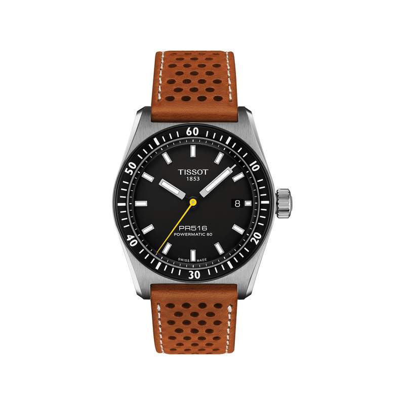 Montre TISSOT PR516 homme automatique, bracelet cuir marron - vue 1