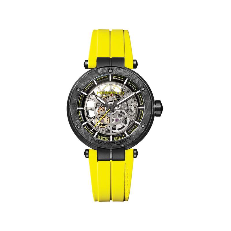 Montre MICHEL HERBELIN newport squelette auto carbone homme automatique, bracelet caoutchouc jaune - vue 1