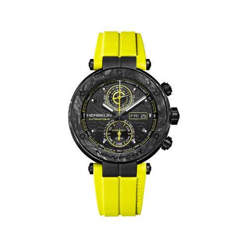 Montre MICHEL HERBELIN newport chrono auto carbone homme automatique, bracelet caoutchouc jaune