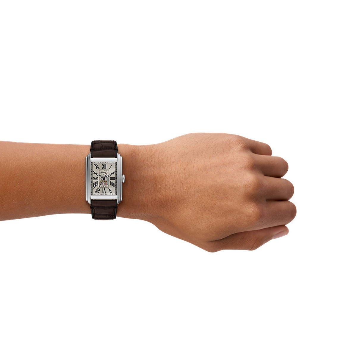 Montre FOSSIL automatic homme automatique, bracelet cuir marron - vue porté 1