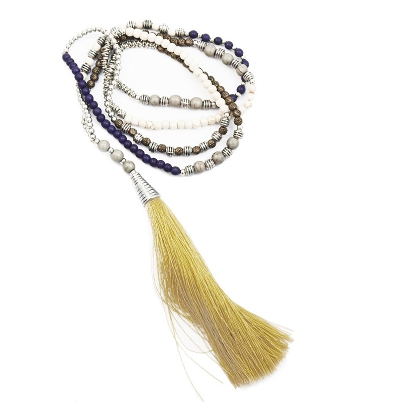 Collier pompon long beige et violet