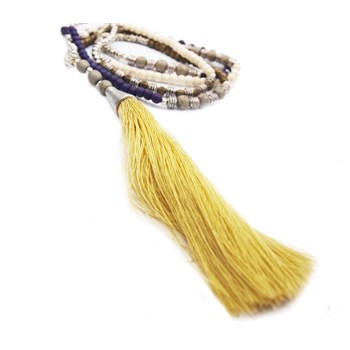 Collier pompon long beige et violet