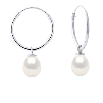 Créoles Perles d'Eau Douce Pendantes Poires 7-8 mm Blanches Argent 925