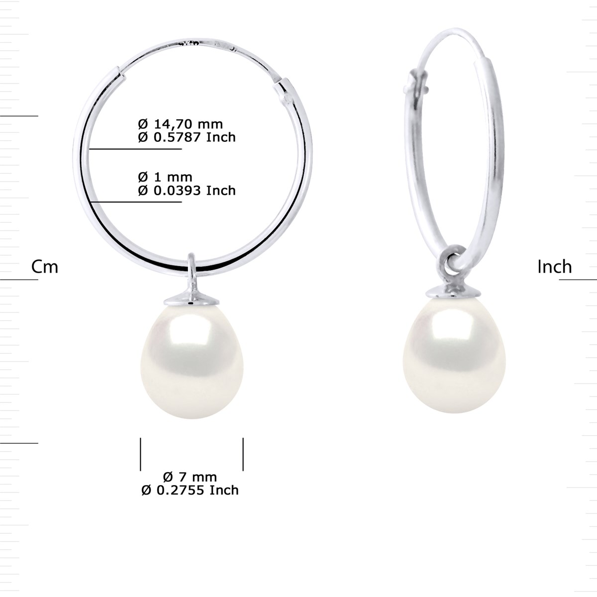 Créoles Perles d'Eau Douce Pendantes Poires 7-8 mm Blanches Argent 925 - vue 3