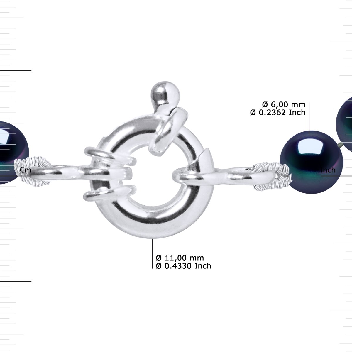 Collier Rang de Perles d'Eau Douce Noires 6-7 mm Anneau Marin Argent 925 - vue 3