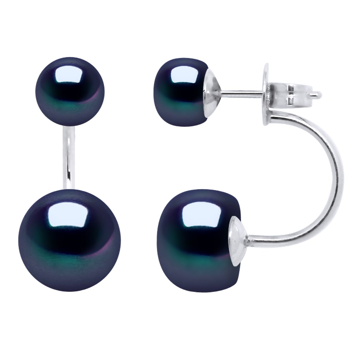 Boucles d'Oreilles DUO Perles d'Eau Douce Noires 6 et 9 mm Argent 925