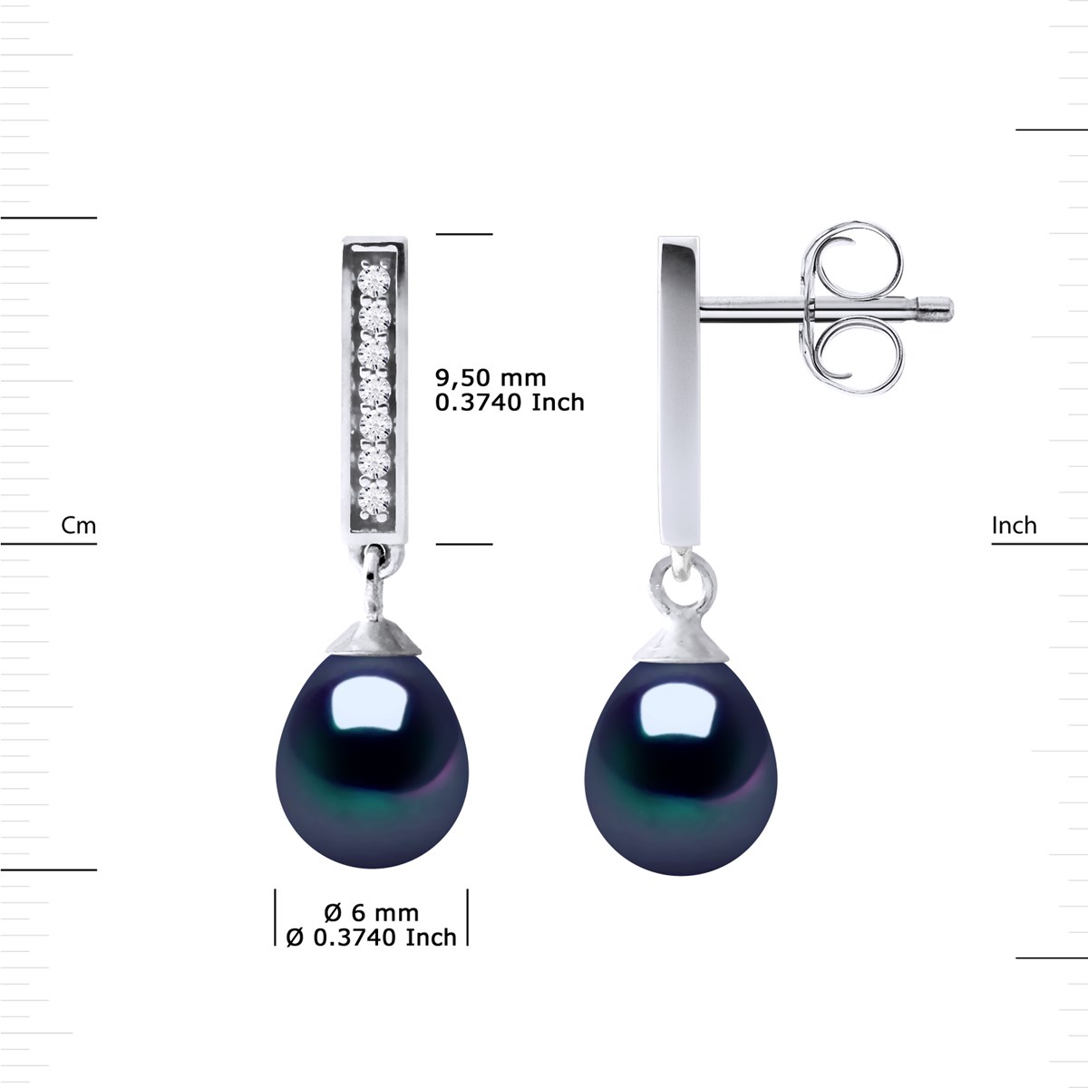 Boucles d'Oreilles Joailerie Perles d'Eau Douce Noires Poires 6-7 mm Argent 925 - vue 3