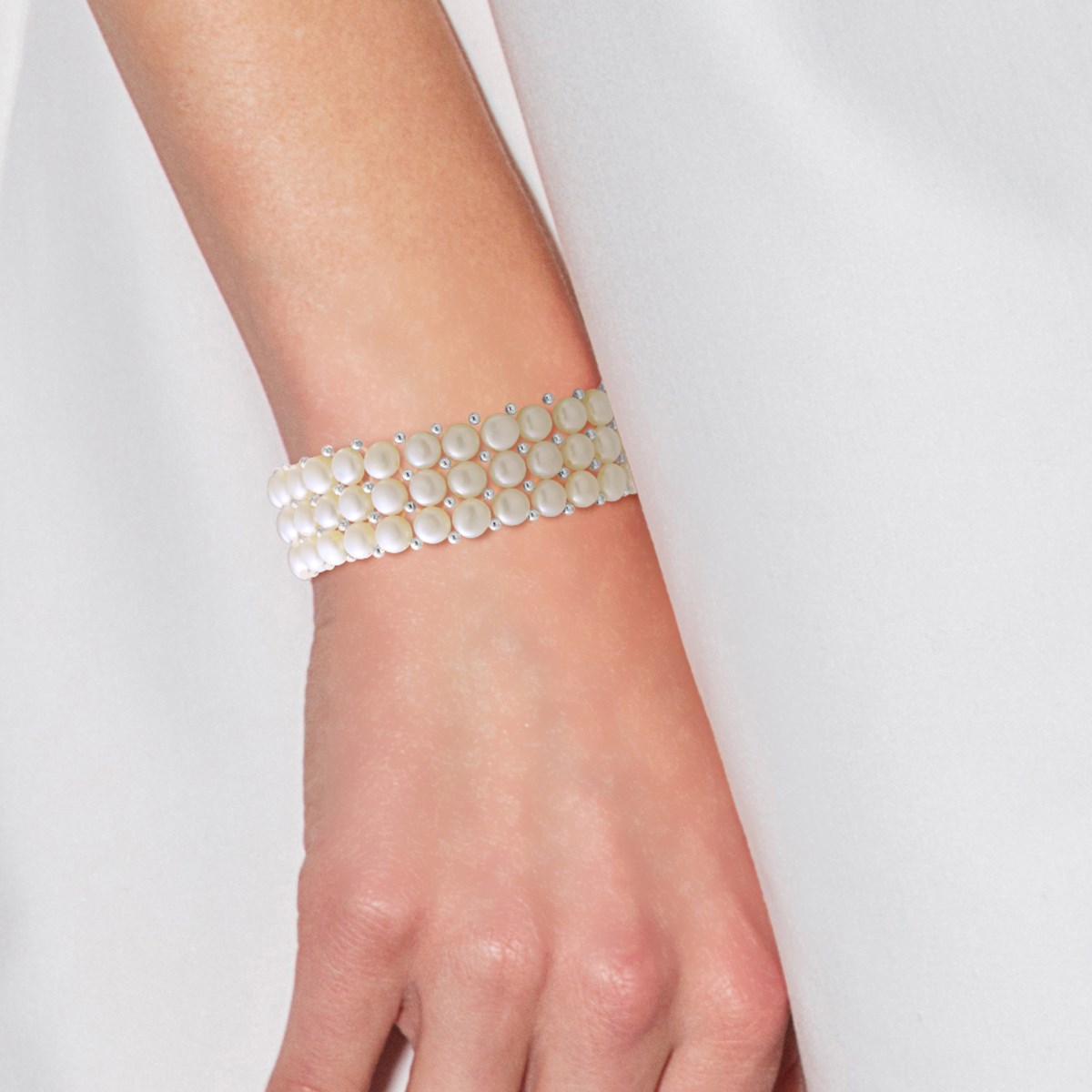 Bracelet Manchette 3 Rangs Perles d'Eau Douce Blanches Argent 925 - vue 2