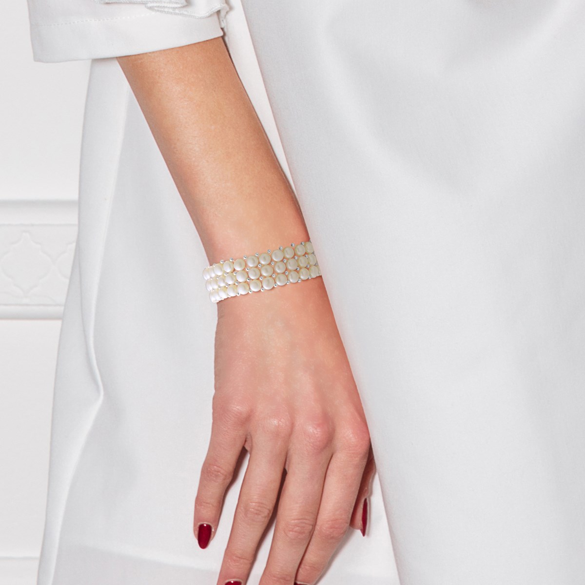 Bracelet Manchette 3 Rangs Perles d'Eau Douce Blanches Argent 925 - vue 4