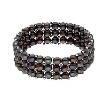 Bracelet Manchette 3 Rangs Perles d'Eau Douce Noires Argent 925