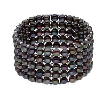Bracelet Manchette 5 Rangs Perles d'Eau Douce Noires Argent 925