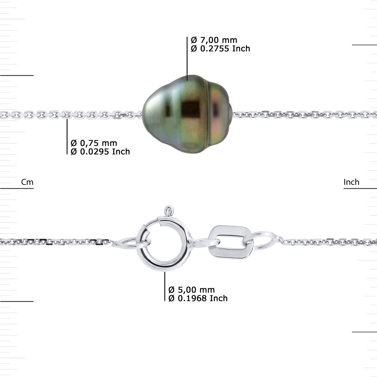 Collier 5 Perles de TAHITI Cerclées 7-8 mm Chaîne Forçat Argent 925 - vue 3