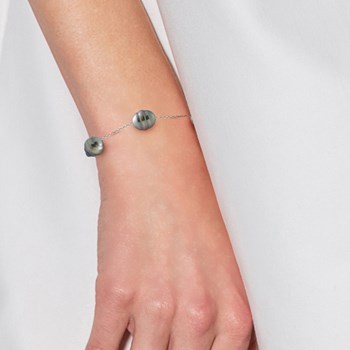 Bracelet Chaîne Forçat 3 Perles de Tahiti Cerclées 9-10 mm Argent 925