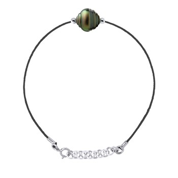 Bracelet LOVE LINK Perle de Tahiti Cerclée 10-11 mm Lien Nylon Noir Argent 925