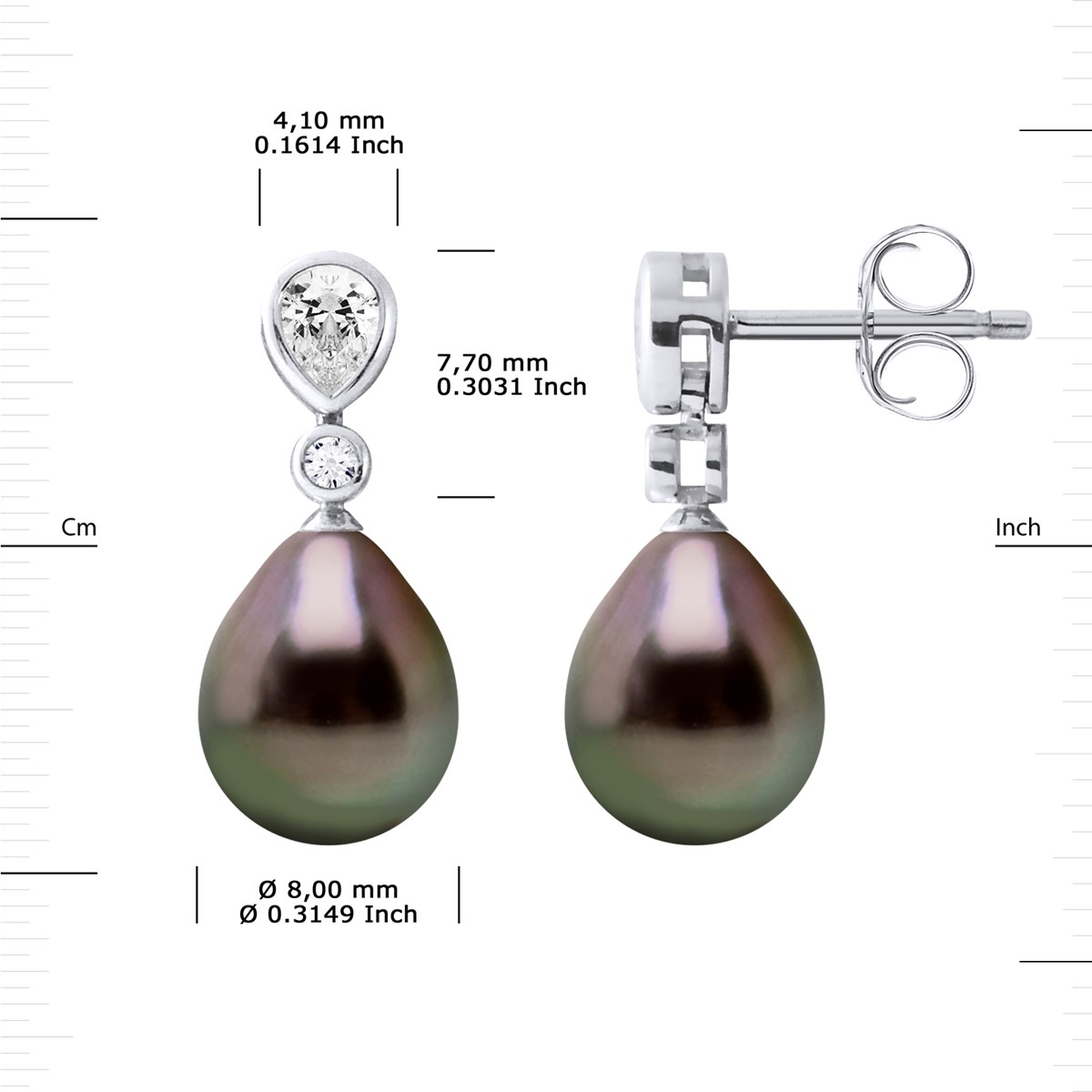 Boucles d'Oreilles Pendantes Joaillerie Perle de Tahiti Poires 8-9 mm Argent 927 - vue 3