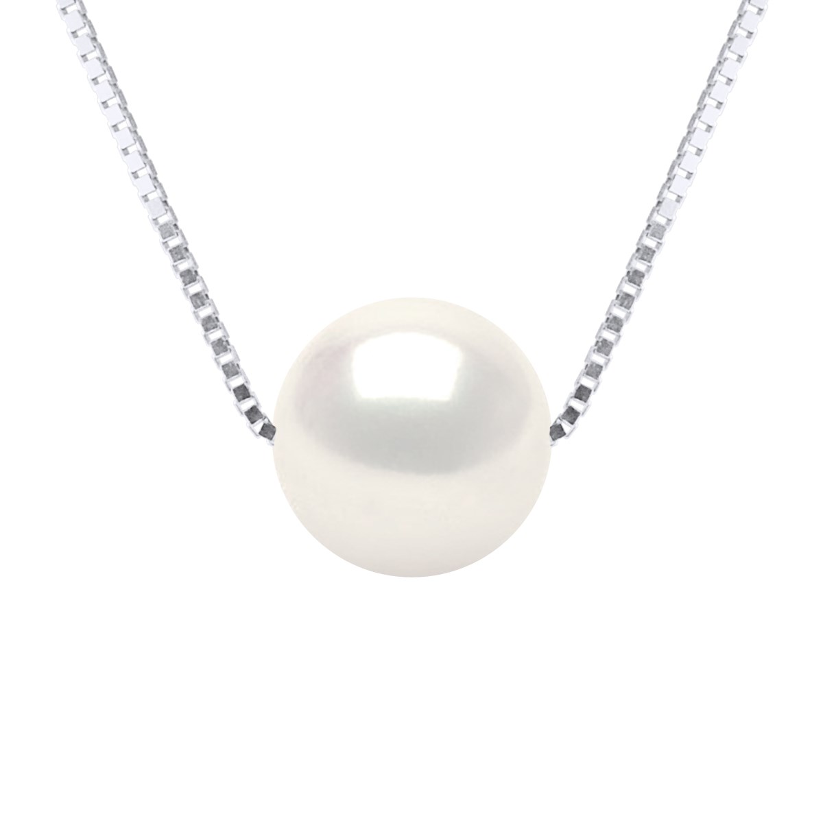 Collier Perle de Culture d'Eau Douce Ronde et Blanche 9-10 mm Chaîne Vénitienne Or Blanc