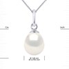 Pendentif Perle d'Eau Douce Poire 7-8 mm Blanche Or Blanc 18 Carats Livré avec Chaîne - vue V3