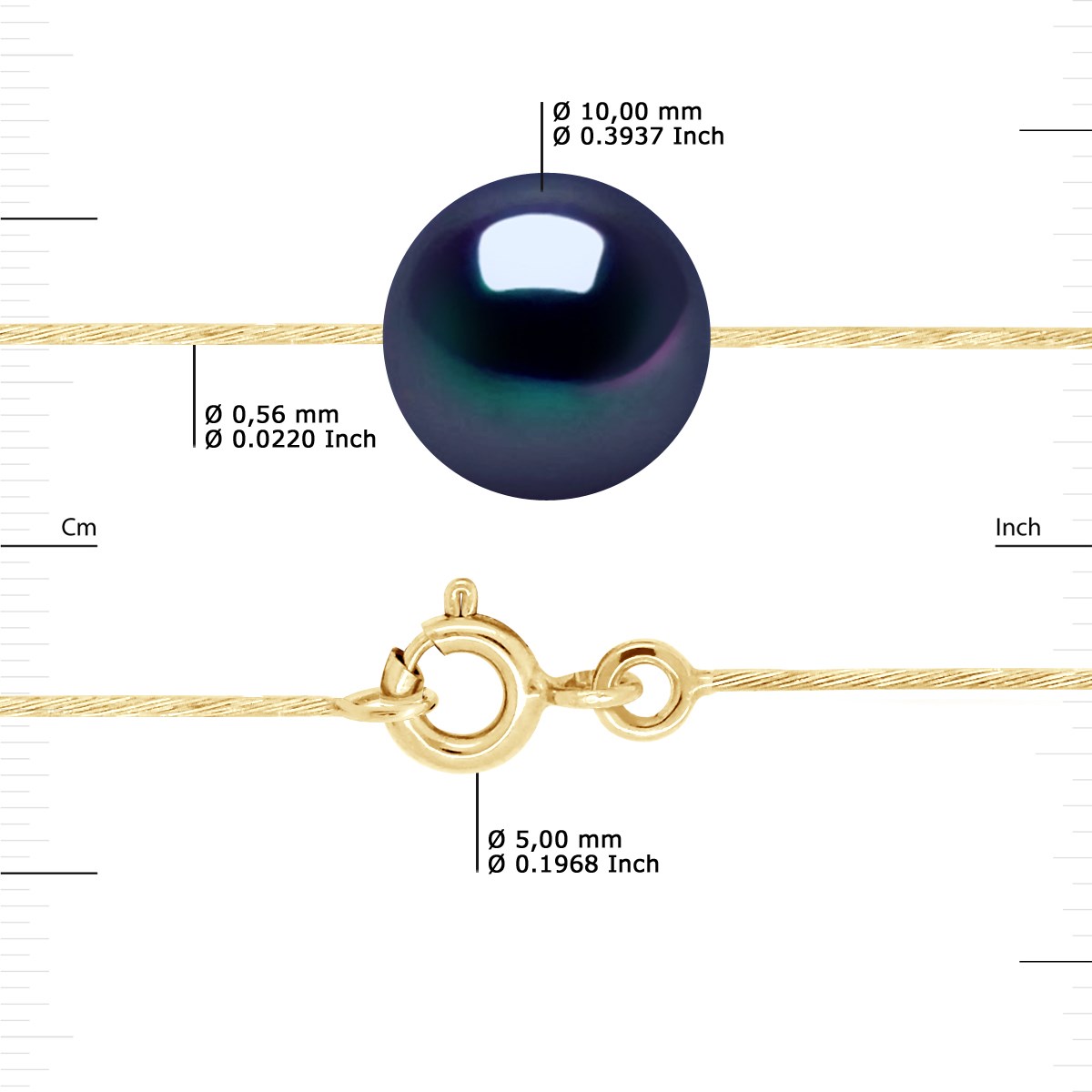 Collier Câble Véritable Perle de Culture d'Eau Douce Ronde et Noire 10-11 mm Or Jaune - vue 3