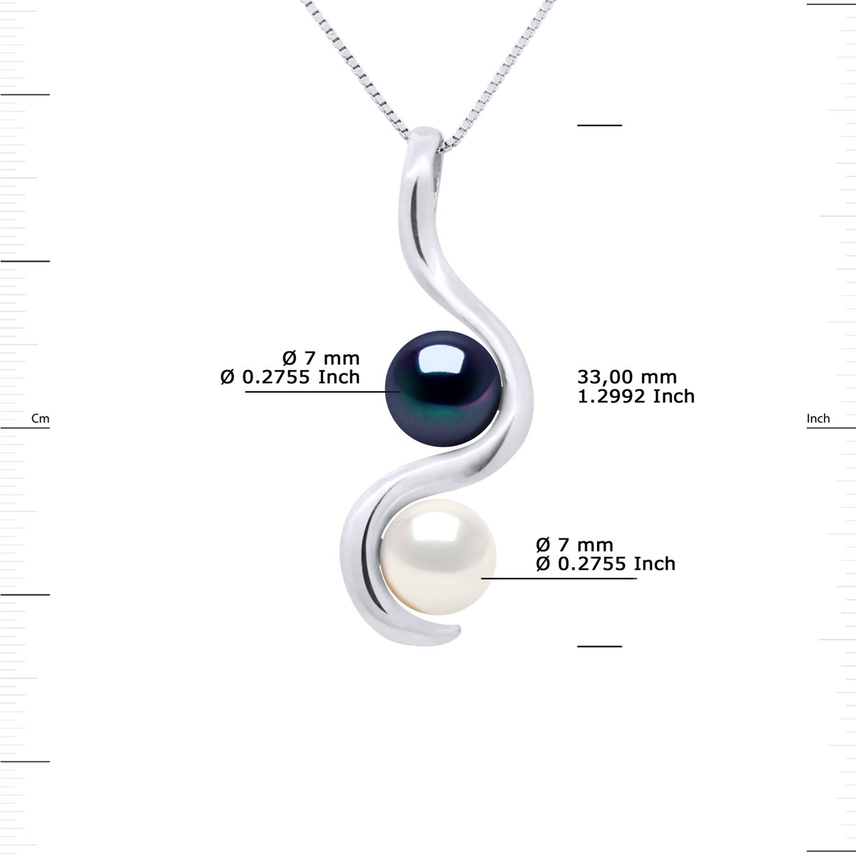 Pendentif TOI ET MOI 2 Perles de Culture d'Eau Douce Blanches et Noires 7-8 mm Or Blanc - vue 3