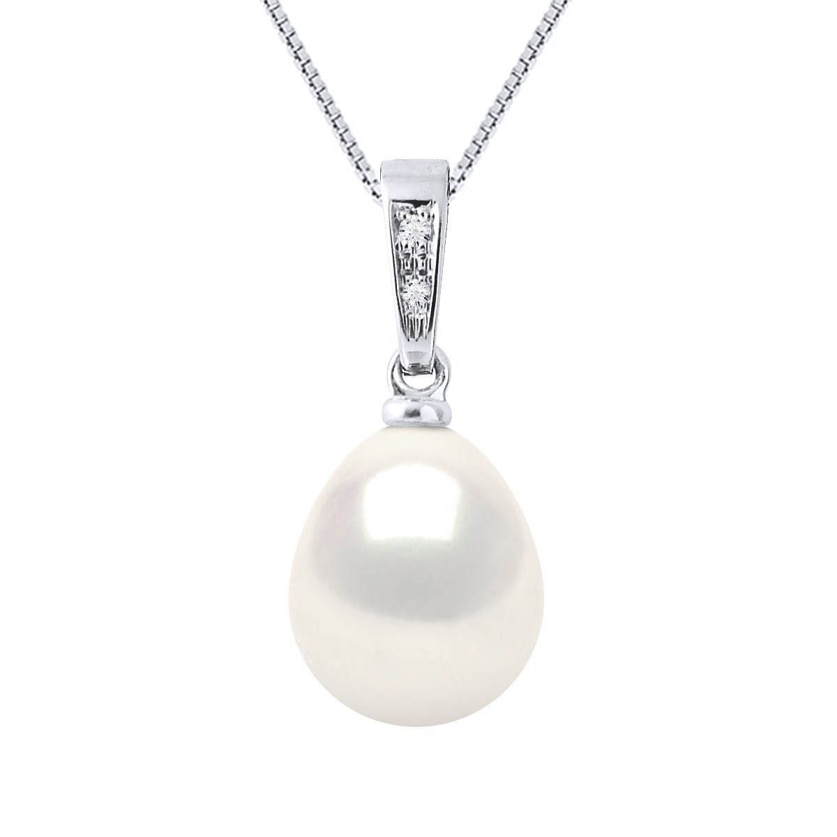 Pendentif Diamants 0,010 Cts Perle de Culture d'Eau Douce Poire 9-10 mm Blanche Or Blanc