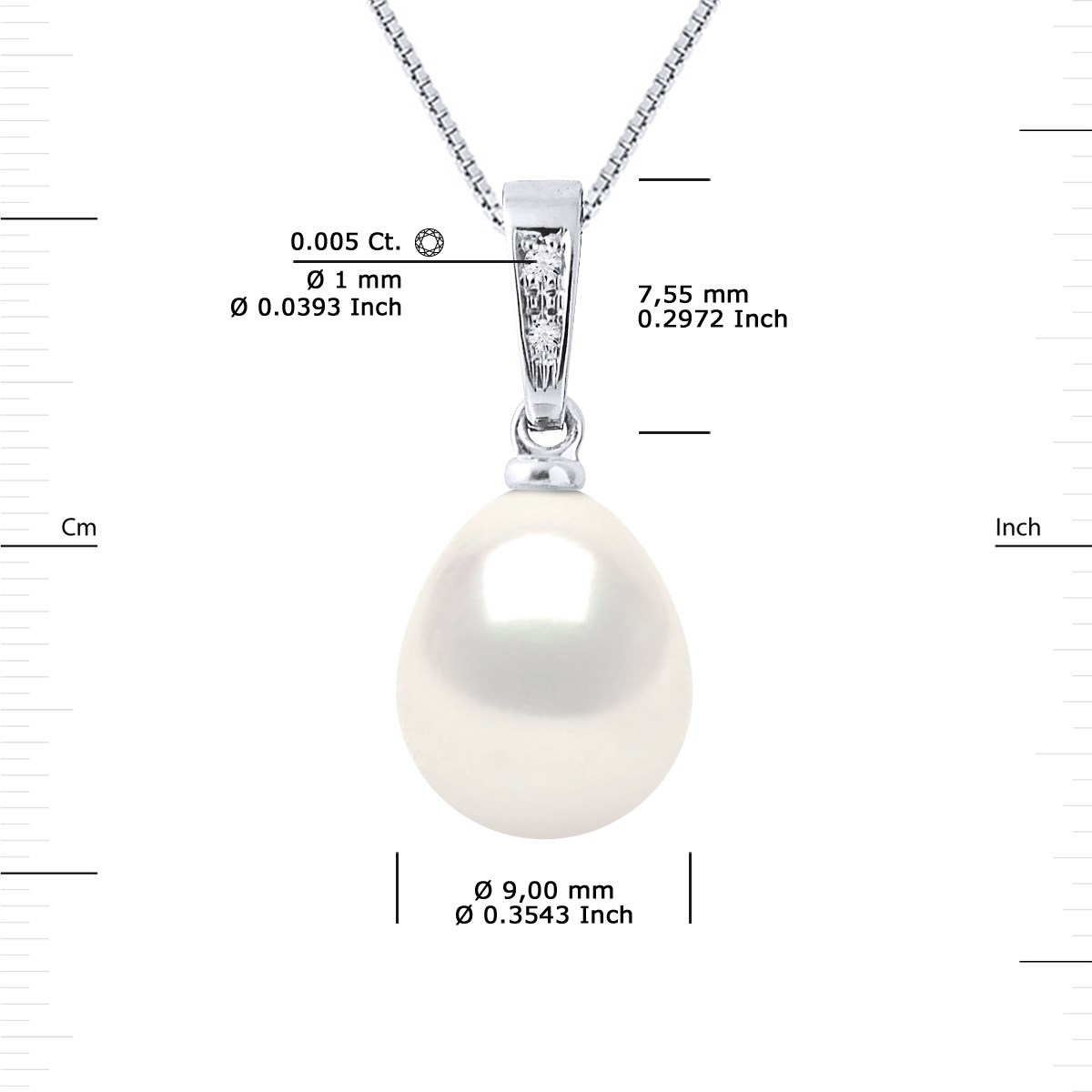 Pendentif Diamants 0,010 Cts Perle de Culture d'Eau Douce Poire 9-10 mm Blanche Or Blanc - vue 3