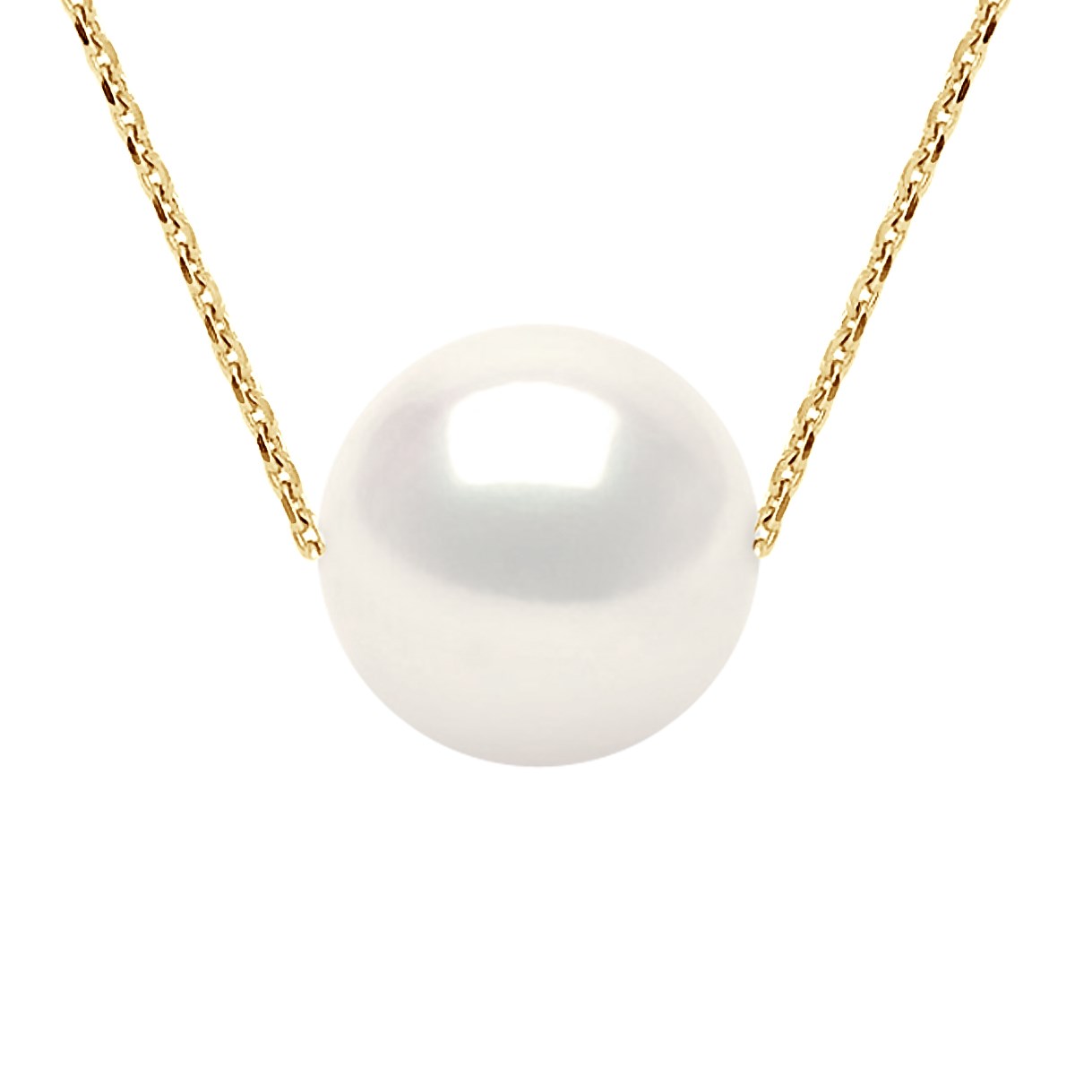 Collier Perle d'Eau Douce Blanche Ronde 11-12 mm Chaîne Forçat Or Jaune 18 Carats