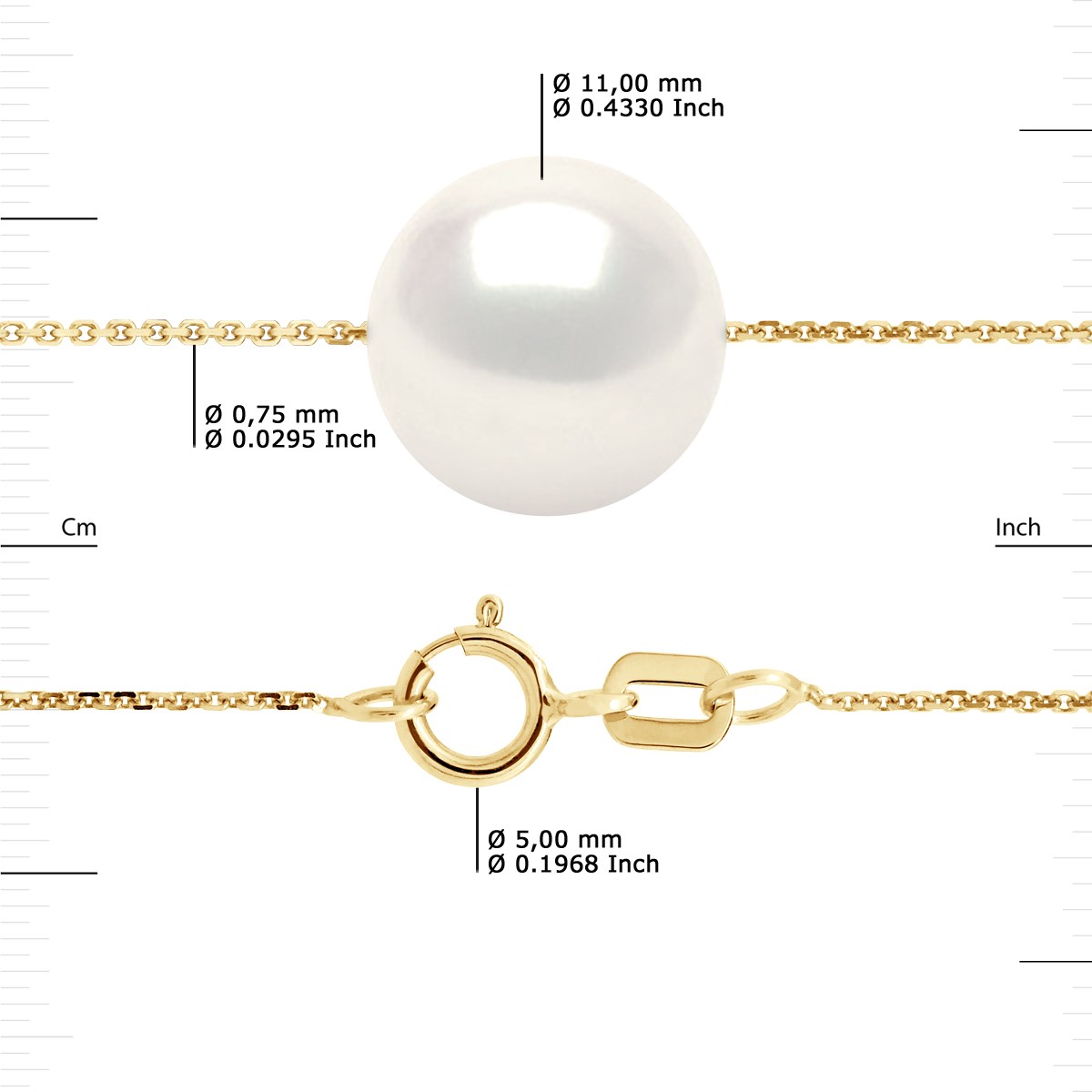 Collier Perle d'Eau Douce Blanche Ronde 11-12 mm Chaîne Forçat Or Jaune 18 Carats - vue 3