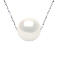 Collier Perle d'Eau Douce Blanche Ronde 11-12 mm Chaîne Forçat Or Blanc 18 Carats