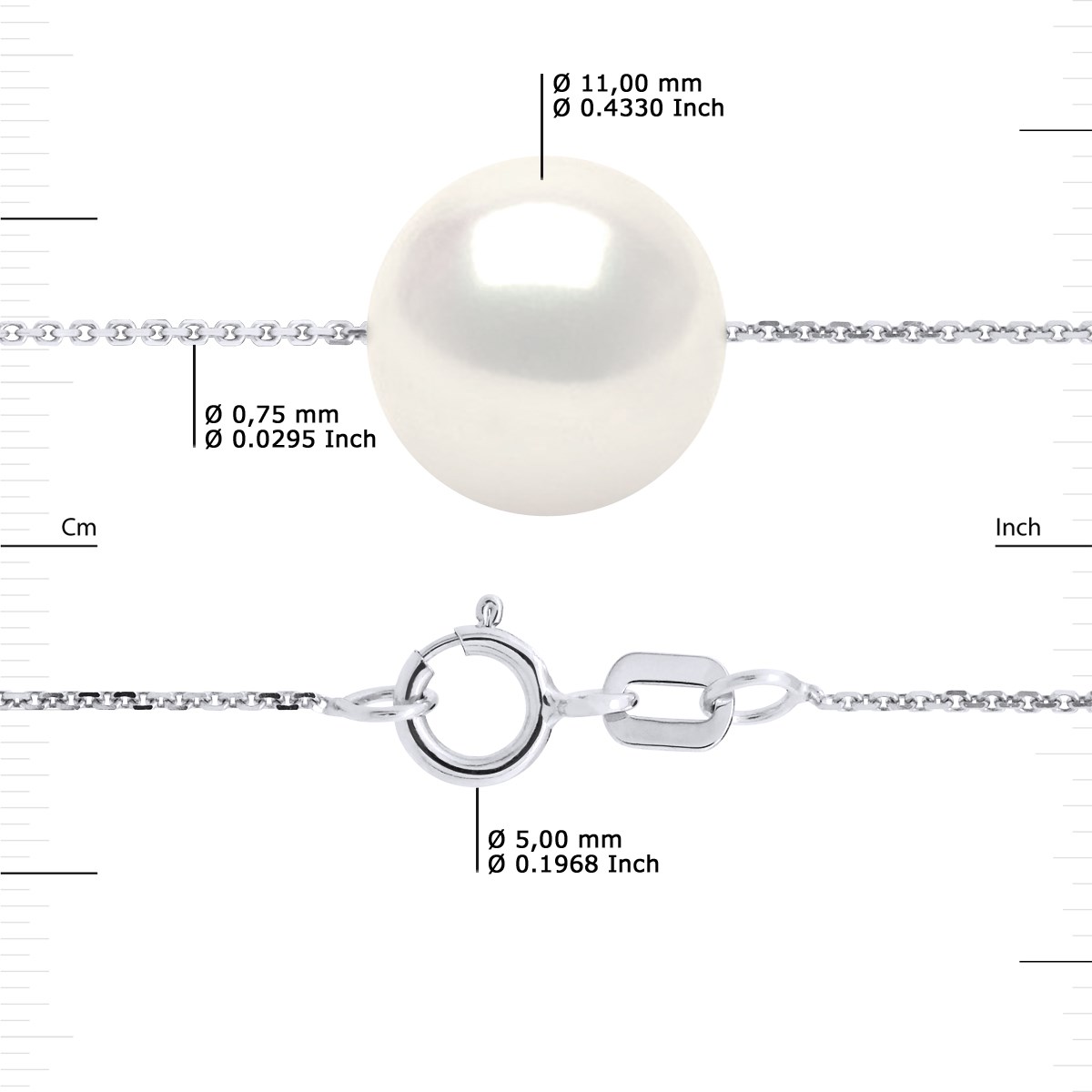 Collier Perle d'Eau Douce Blanche Ronde 11-12 mm Chaîne Forçat Or Blanc 18 Carats - vue 3