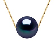 Collier Perle d'Eau Douce Noire Ronde 11-12 mm Chaîne Forçat Or Jaune 18 Carats