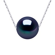 Collier Perle d'Eau Douce Noire Ronde 11-12 mm Chaîne Forçat Or Blanc 18 Carats