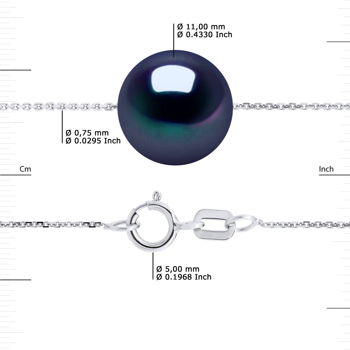 Collier Perle d'Eau Douce Noire Ronde 11-12 mm Chaîne Forçat Or Blanc 18 Carats - vue 3
